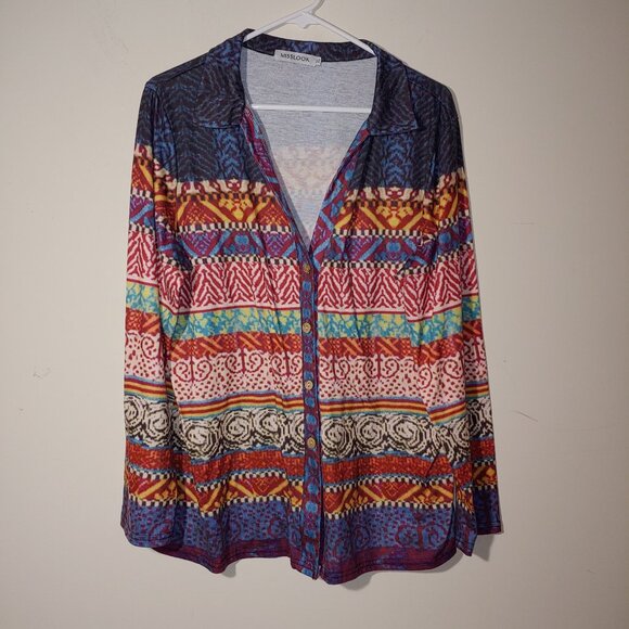 Misslook Southwest Aztec Print Button Down Long Sleeves Shirt Size XL Blue - Picture 1 of 6